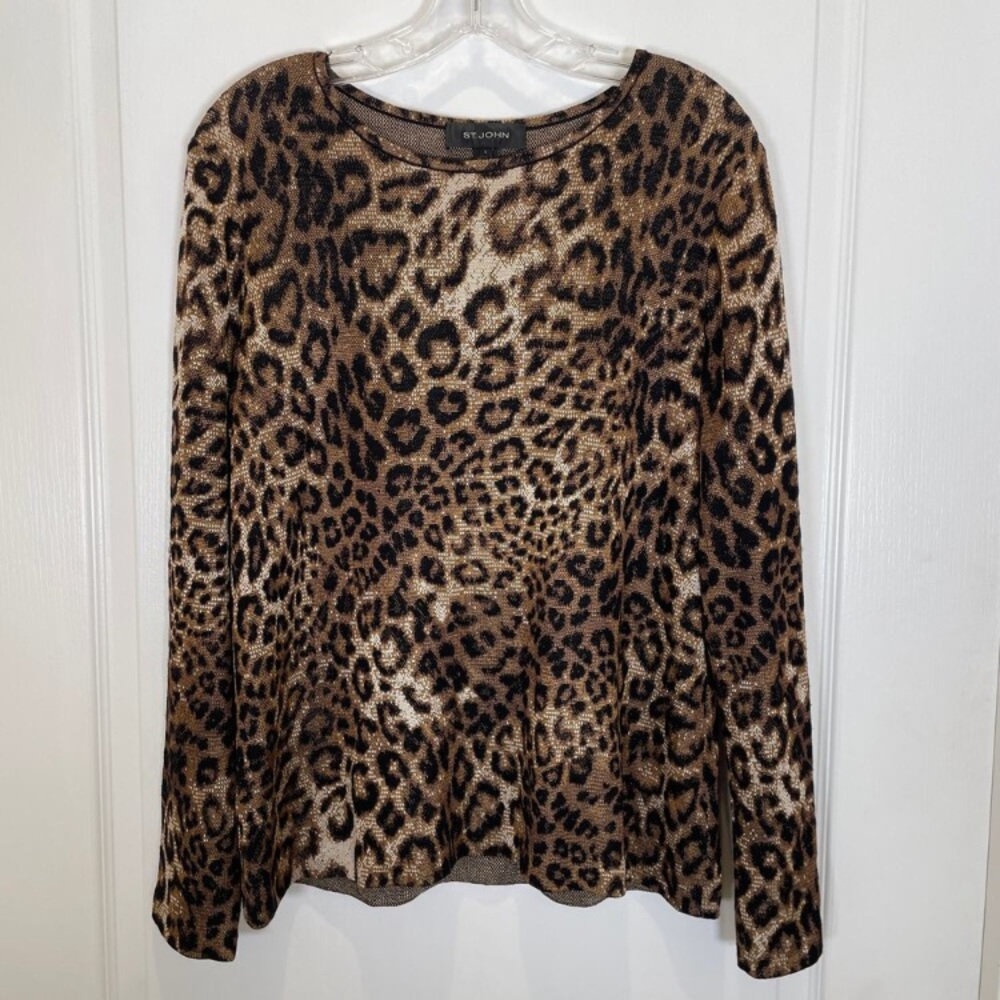 St. John Brown Leopard Print Crew Neck Sweater